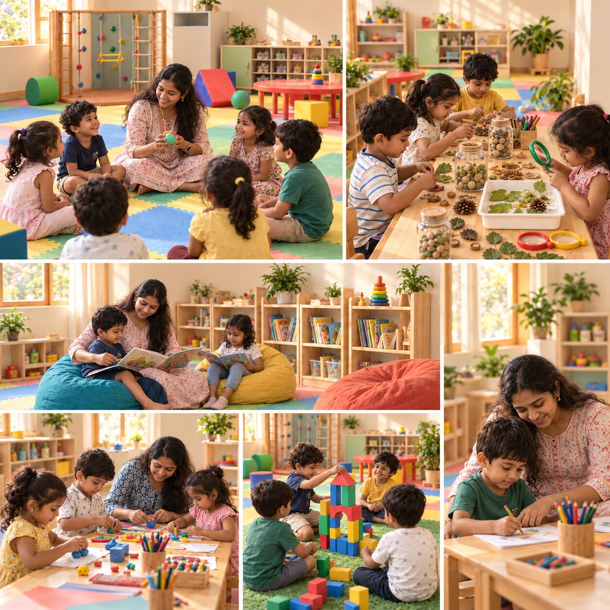 A set of scenes from Joydo: children in a circle game, sorting leaves and pine cones, sharing a picture book on bean bags, modelling with clay, building a block tower and drawing at a table.
