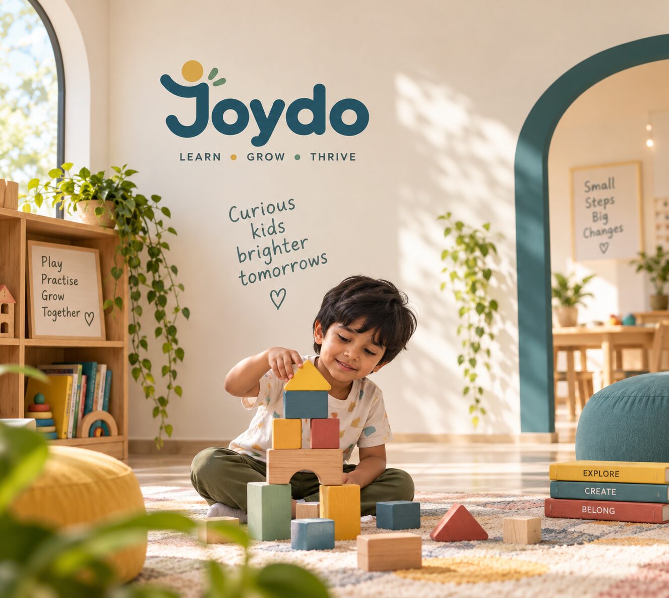 A boy sitting on the rug at Joydo, balancing a yellow triangle on top of a tower of wooden blocks, beneath the Joydo sign on the wall.