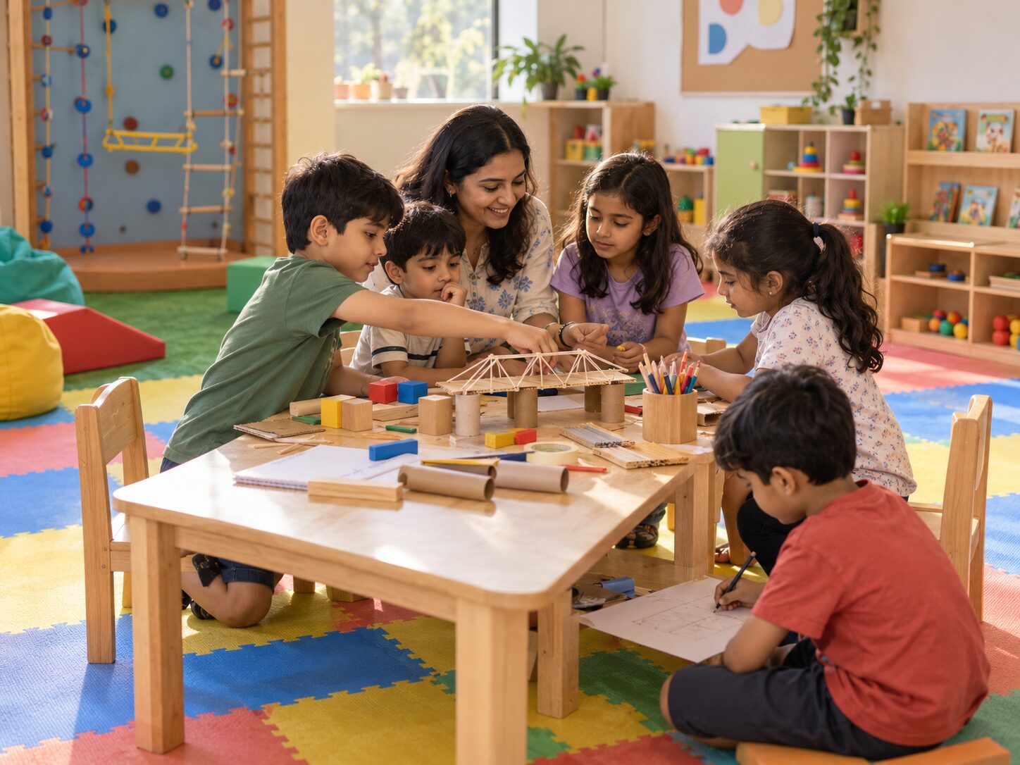 Five children and an educator around a low wooden table at Joydo, building a bridge from wooden strips and blocks while another child sketches a plan on the floor.