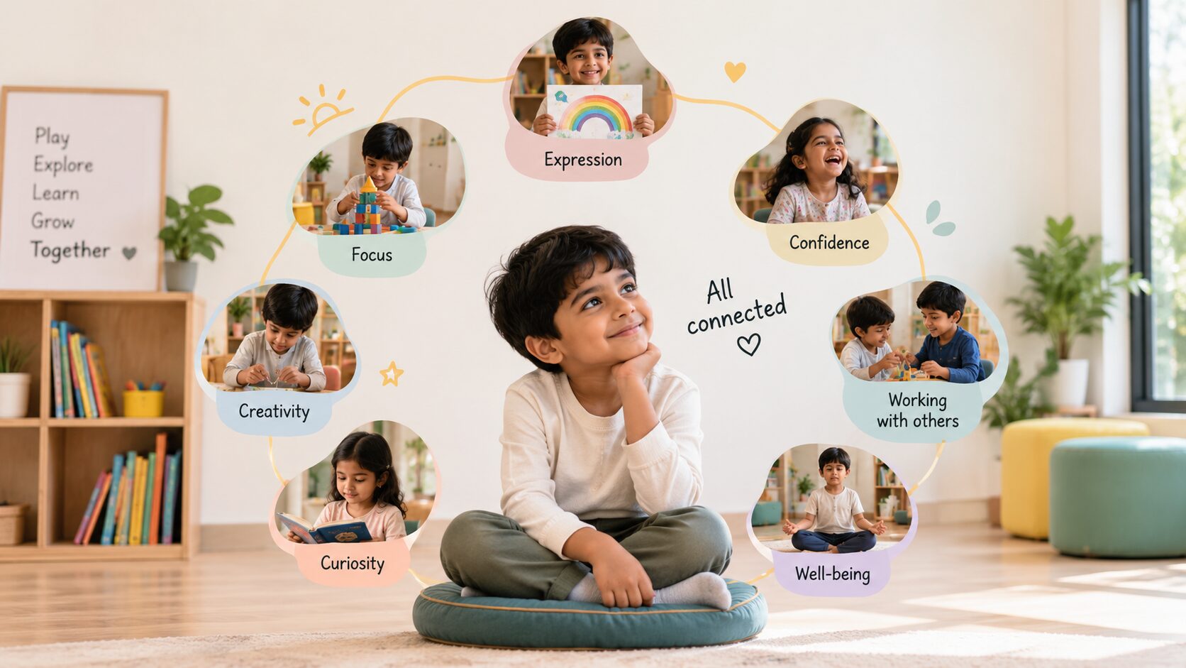A boy sitting cross-legged on a floor cushion at Joydo, surrounded by linked photographs labelled Focus, Expression, Confidence, Working with others, Well-being, Curiosity and Creativity.